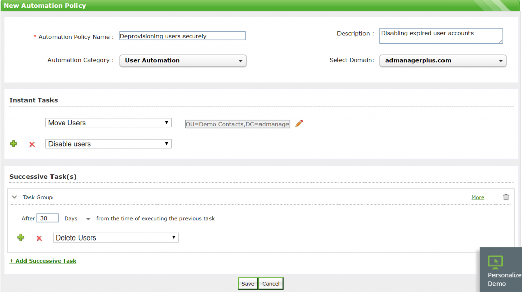 Figure 5. Configuring an automation policy in ADManager Plus.