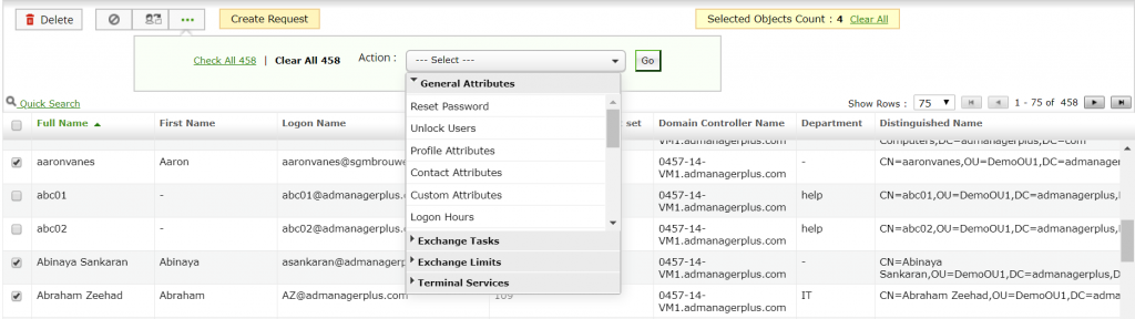 Figure 4. Performing bulk modification to user accounts in ADManager Plus.
